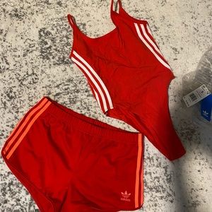 Red adidas bodysuit short set